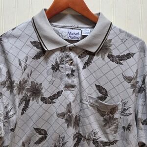 Michael Austin Polo Shirt Mens XL Gray Floral Pocket Knit Casual Top Tropical
